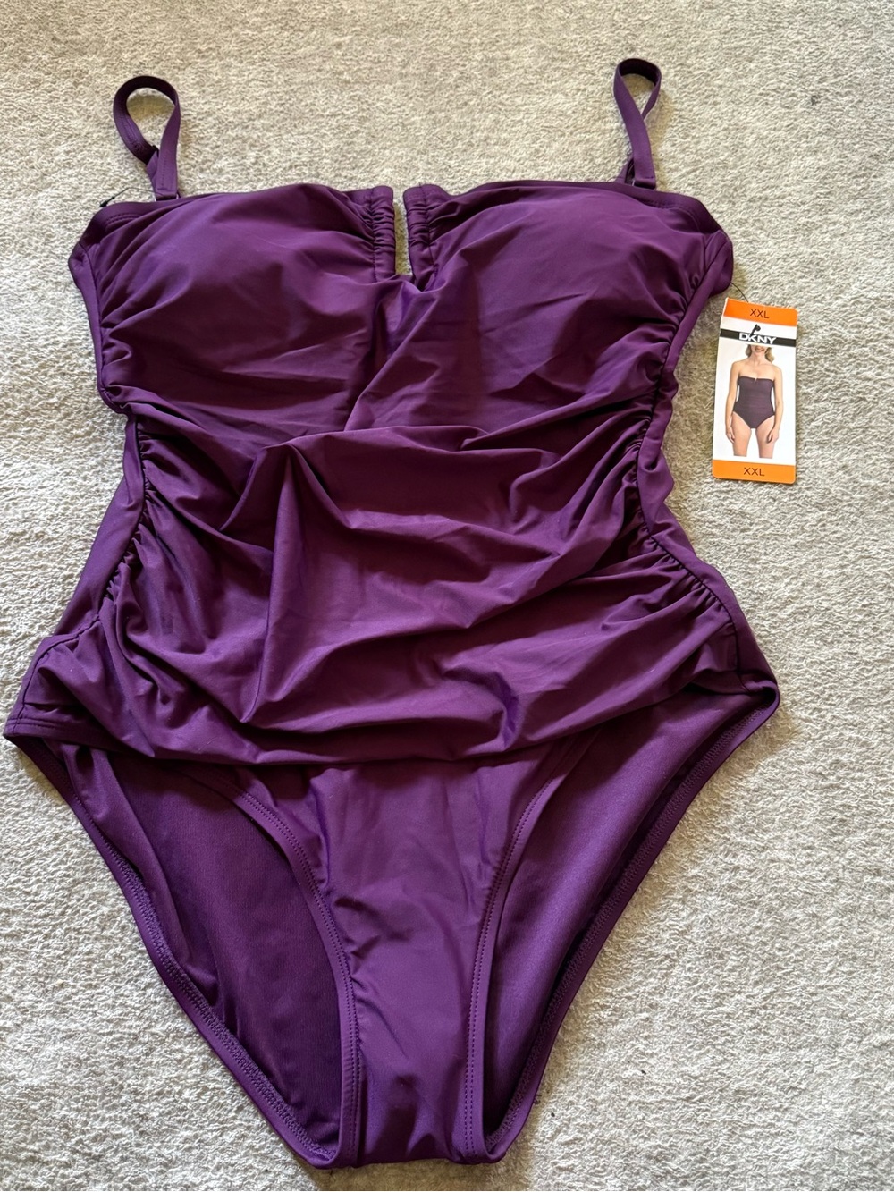 DKNY Purple Ruched One-Piece Swimsuit with Adjustable Straps